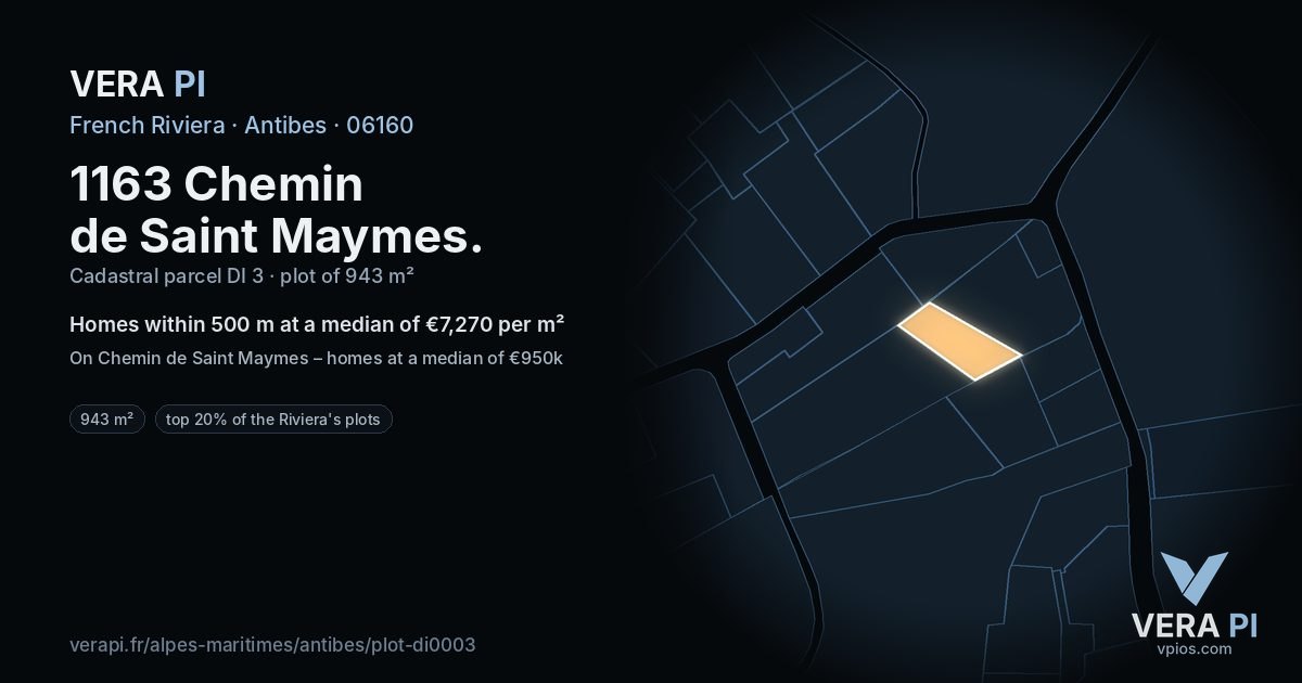1163 Chemin de Saint Maymes, Antibes at night – the plot lit, the parcels around coloured by the prices near them