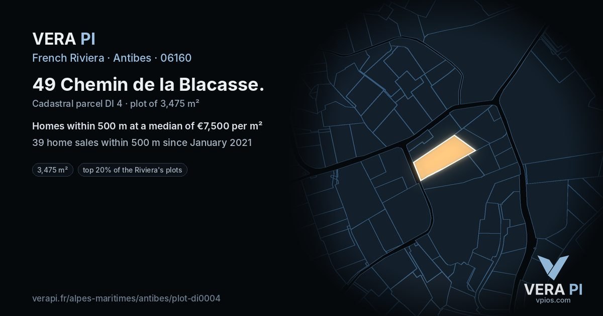 49 Chemin de la Blacasse, Antibes at night – the plot lit, the parcels around coloured by the prices near them