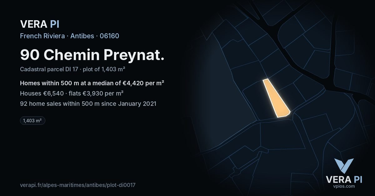 90 Chemin Preynat, Antibes at night – the plot lit, the parcels around coloured by the prices near them