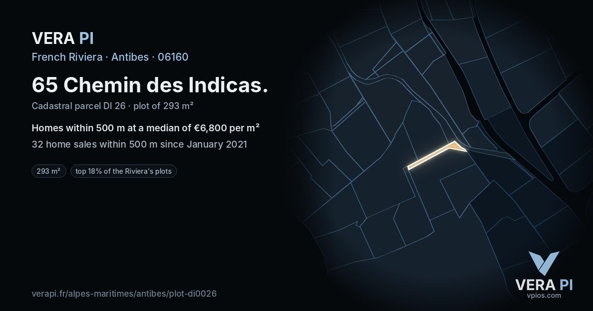 65 Chemin des Indicas, Antibes at night – the plot lit, the parcels around coloured by the prices near them
