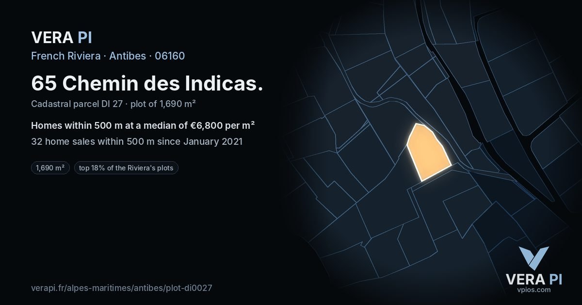 65 Chemin des Indicas, Antibes at night – the plot lit, the parcels around coloured by the prices near them