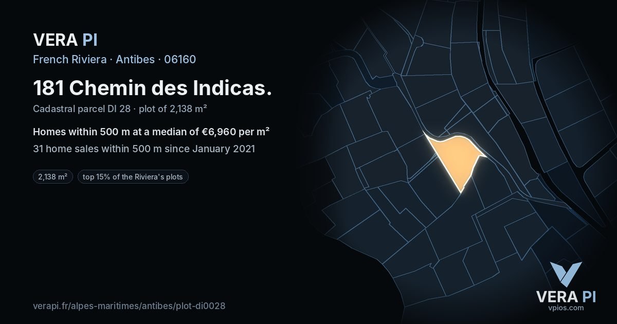 181 Chemin des Indicas, Antibes at night – the plot lit, the parcels around coloured by the prices near them