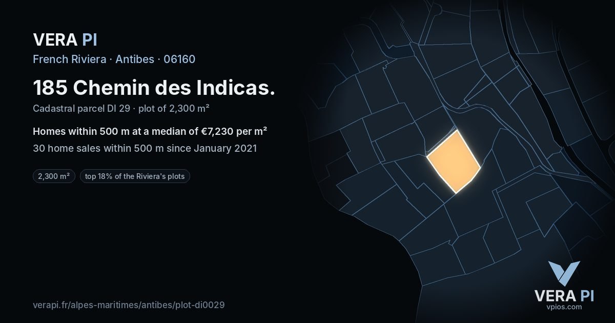 185 Chemin des Indicas, Antibes at night – the plot lit, the parcels around coloured by the prices near them