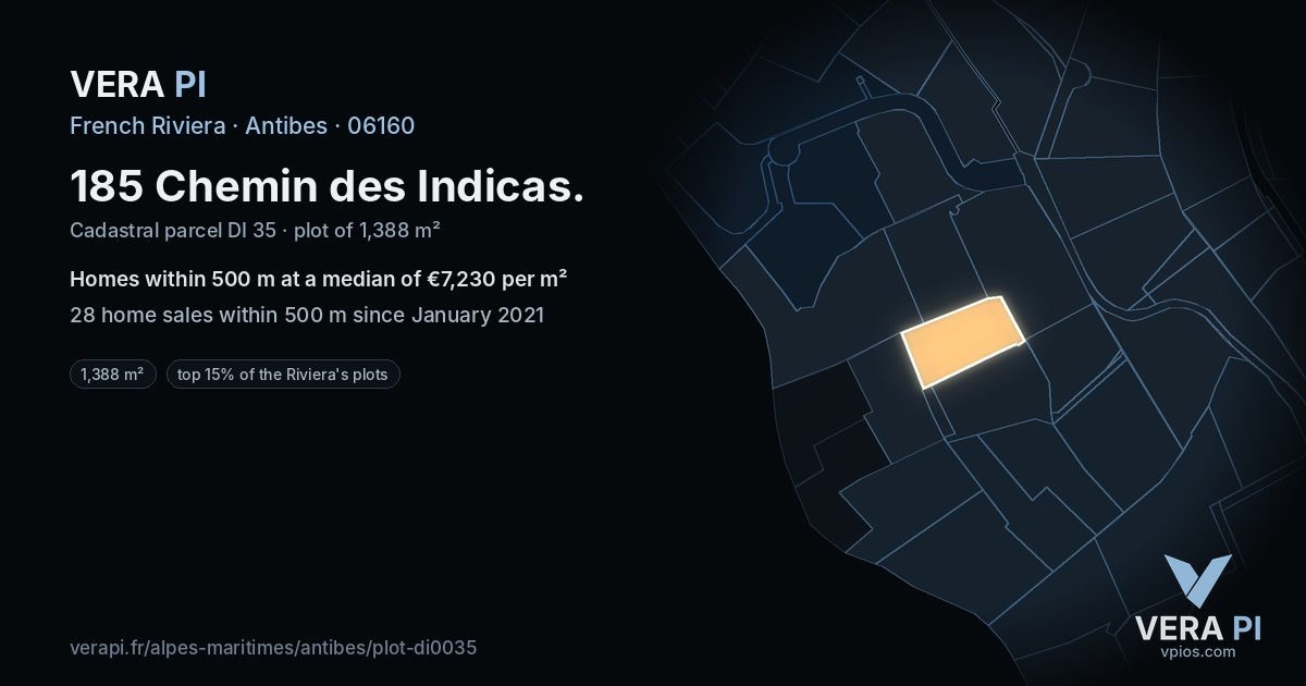 185 Chemin des Indicas, Antibes at night – the plot lit, the parcels around coloured by the prices near them