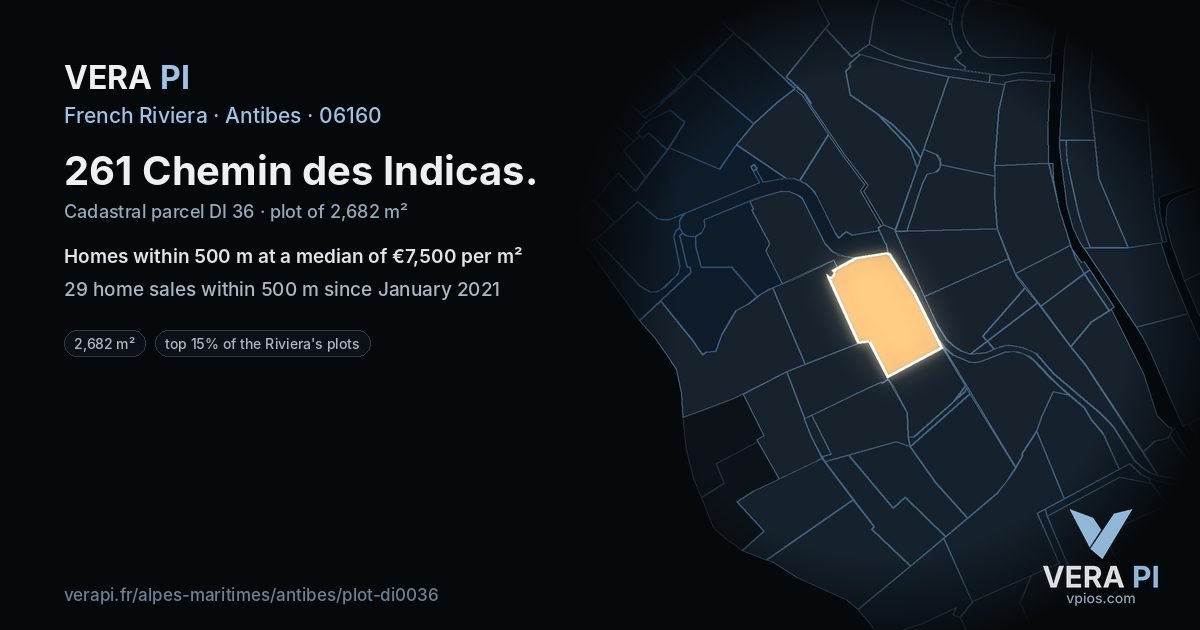 261 Chemin des Indicas, Antibes at night – the plot lit, the parcels around coloured by the prices near them