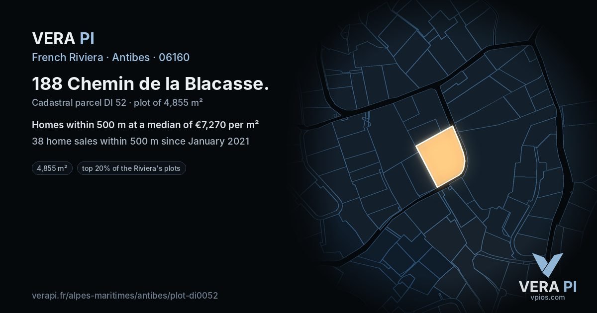 188 Chemin de la Blacasse, Antibes at night – the plot lit, the parcels around coloured by the prices near them