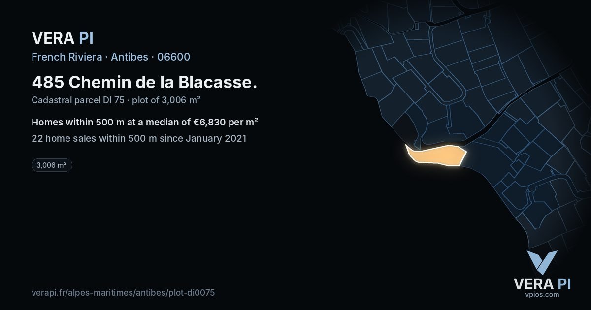 485 Chemin de la Blacasse, Antibes at night – the plot lit, the parcels around coloured by the prices near them