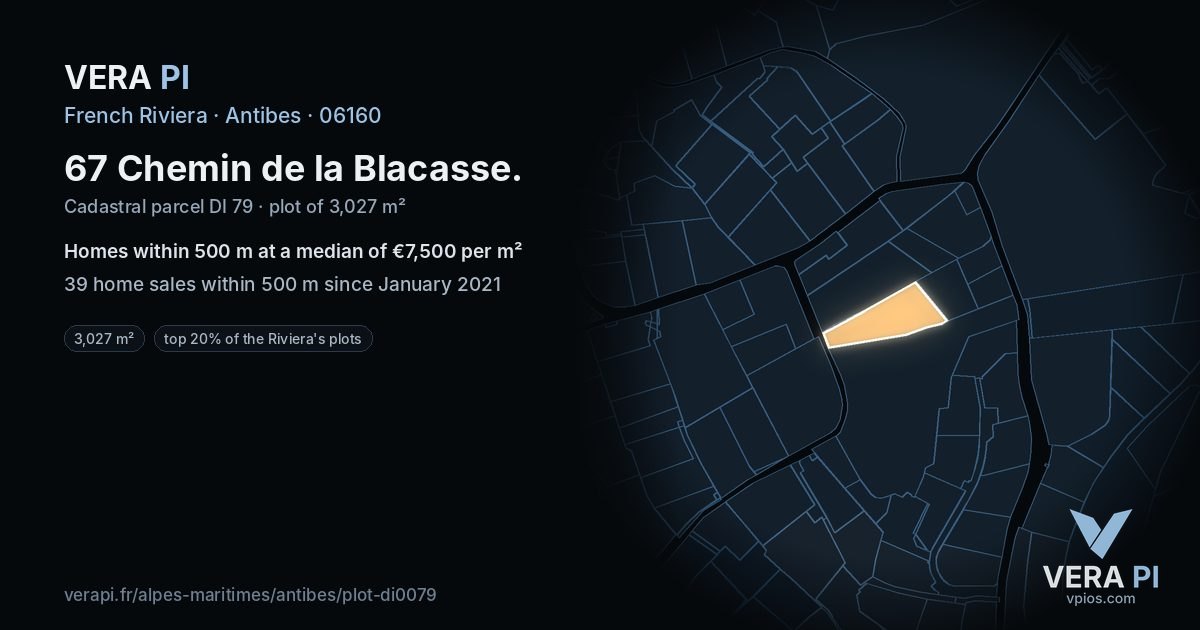 67 Chemin de la Blacasse, Antibes at night – the plot lit, the parcels around coloured by the prices near them