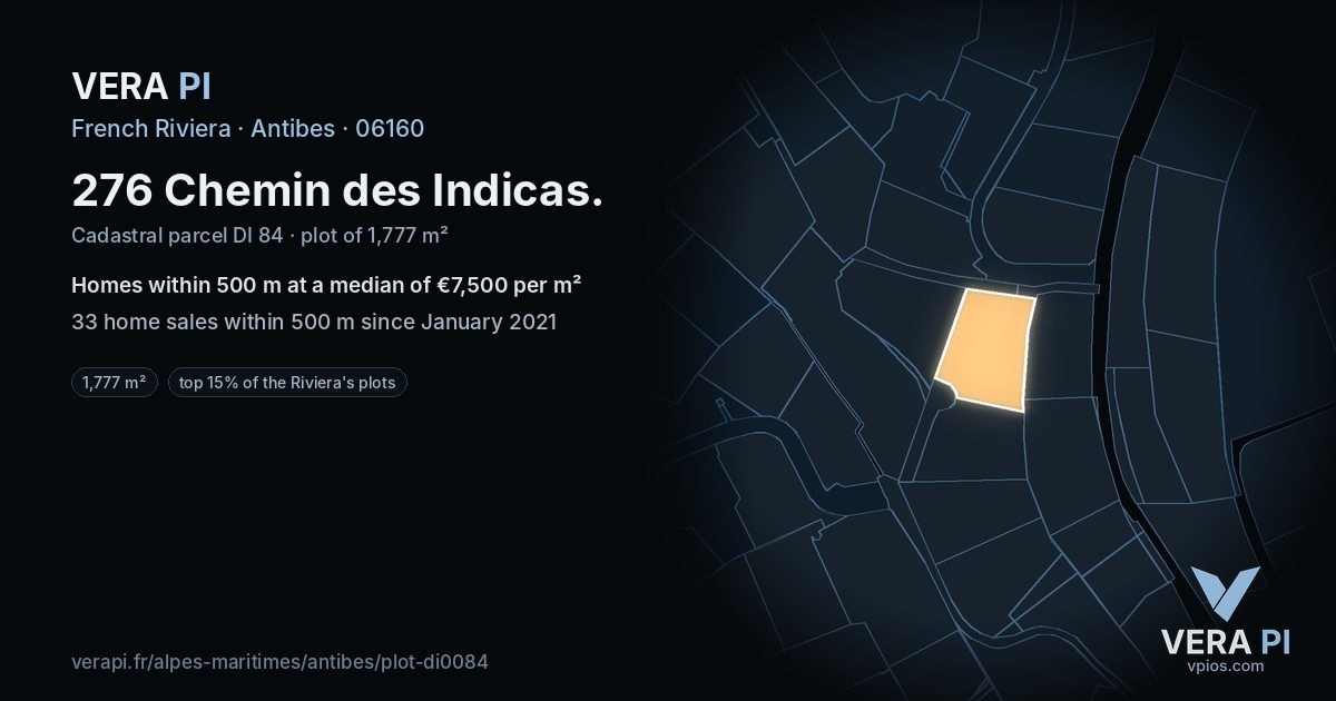 276 Chemin des Indicas, Antibes at night – the plot lit, the parcels around coloured by the prices near them
