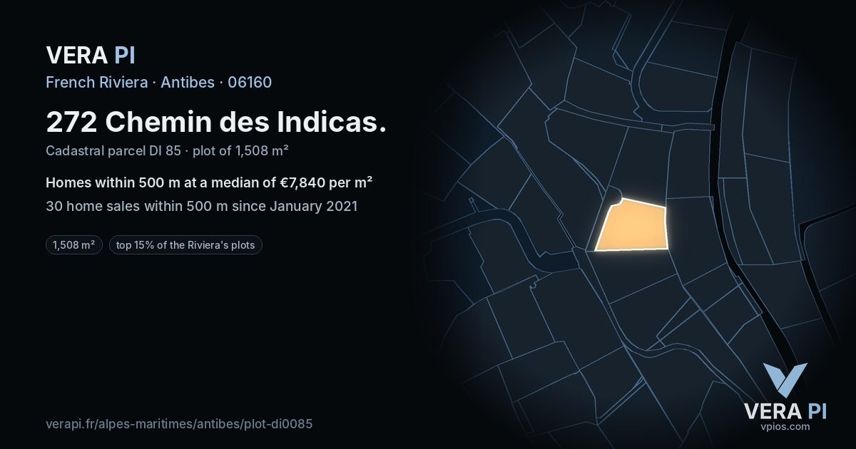 272 Chemin des Indicas, Antibes at night – the plot lit, the parcels around coloured by the prices near them