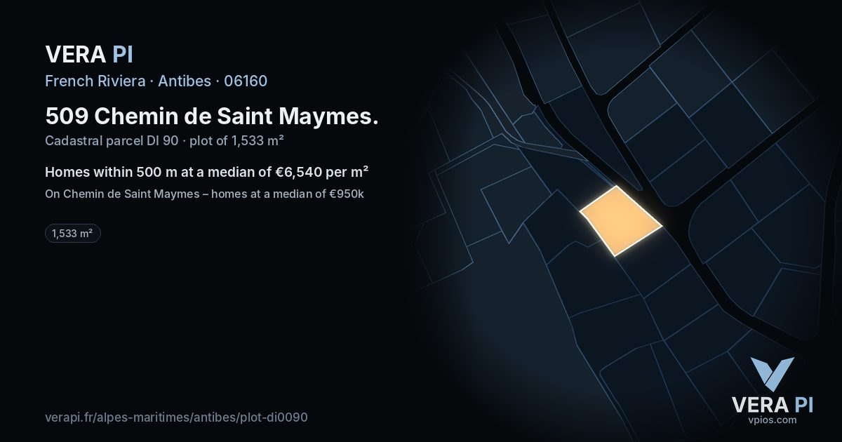 509 Chemin de Saint Maymes, Antibes at night – the plot lit, the parcels around coloured by the prices near them
