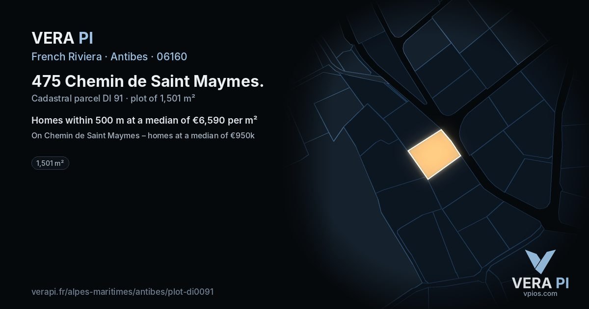 475 Chemin de Saint Maymes, Antibes at night – the plot lit, the parcels around coloured by the prices near them
