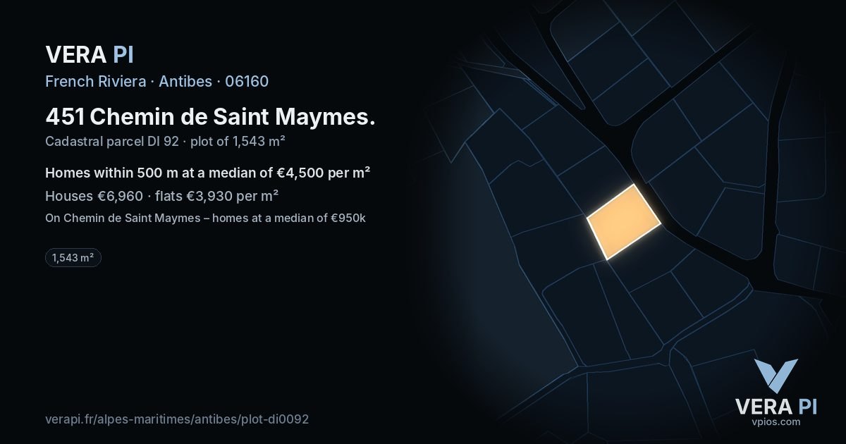 451 Chemin de Saint Maymes, Antibes at night – the plot lit, the parcels around coloured by the prices near them