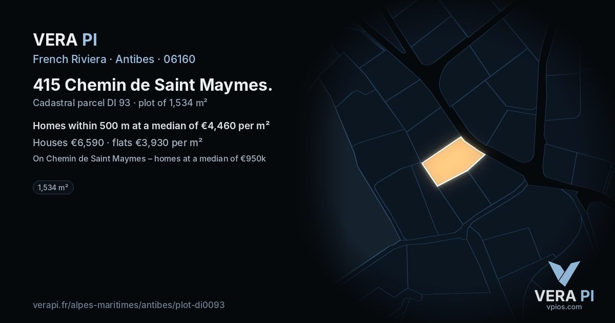 415 Chemin de Saint Maymes, Antibes at night – the plot lit, the parcels around coloured by the prices near them