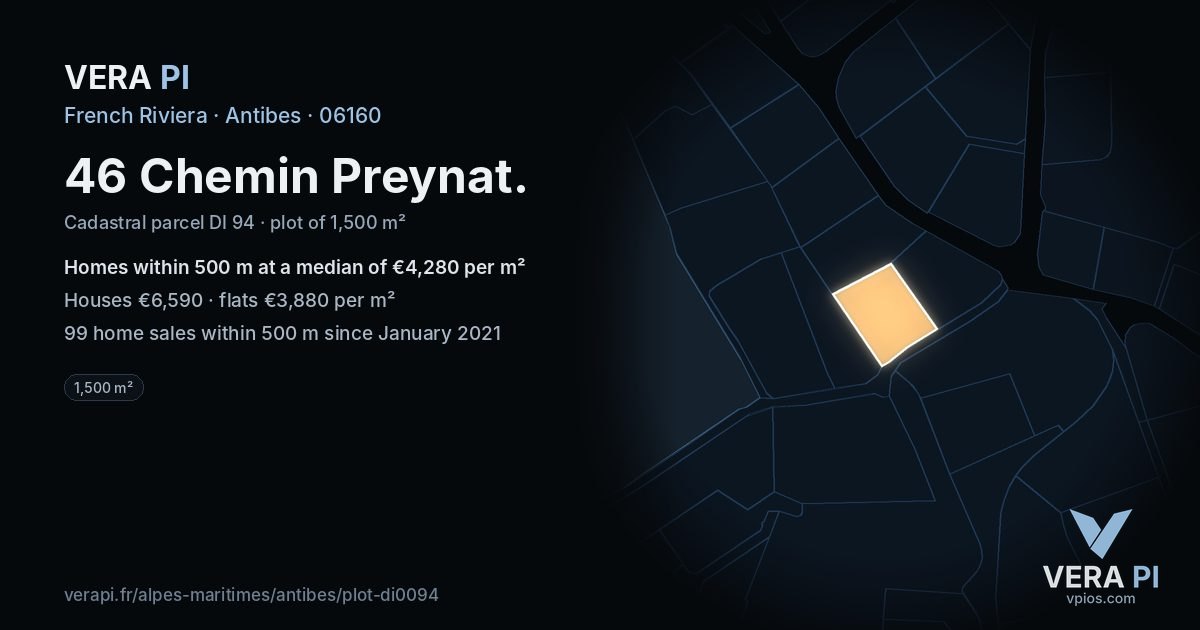 46 Chemin Preynat, Antibes at night – the plot lit, the parcels around coloured by the prices near them