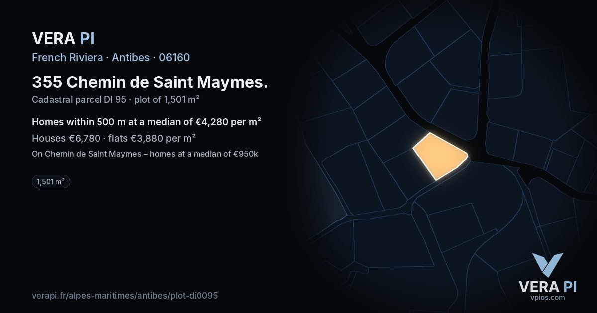 355 Chemin de Saint Maymes, Antibes at night – the plot lit, the parcels around coloured by the prices near them