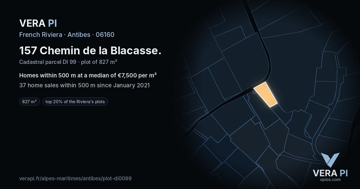 157 Chemin de la Blacasse, Antibes at night – the plot lit, the parcels around coloured by the prices near them