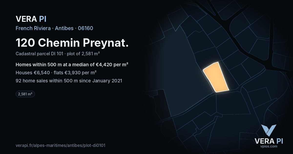 120 Chemin Preynat, Antibes at night – the plot lit, the parcels around coloured by the prices near them