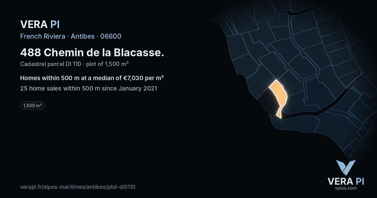 488 Chemin de la Blacasse, Antibes at night – the plot lit, the parcels around coloured by the prices near them