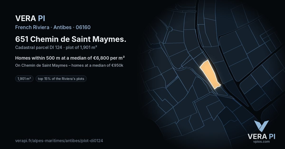 651 Chemin de Saint Maymes, Antibes at night – the plot lit, the parcels around coloured by the prices near them