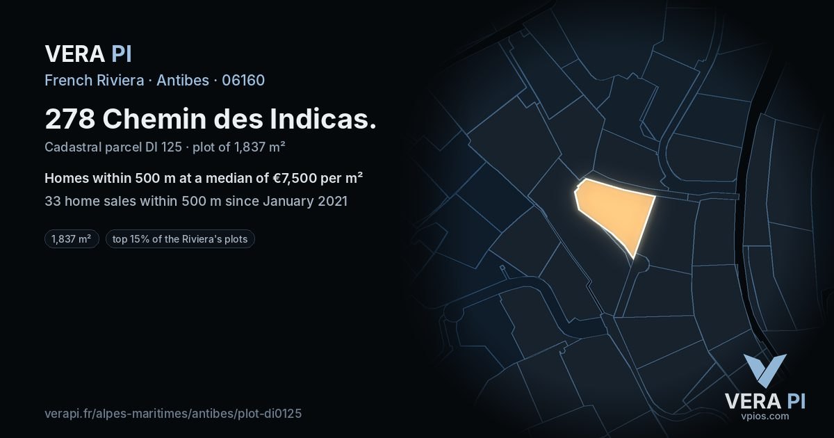 278 Chemin des Indicas, Antibes at night – the plot lit, the parcels around coloured by the prices near them