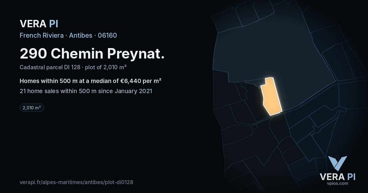 290 Chemin Preynat, Antibes at night – the plot lit, the parcels around coloured by the prices near them