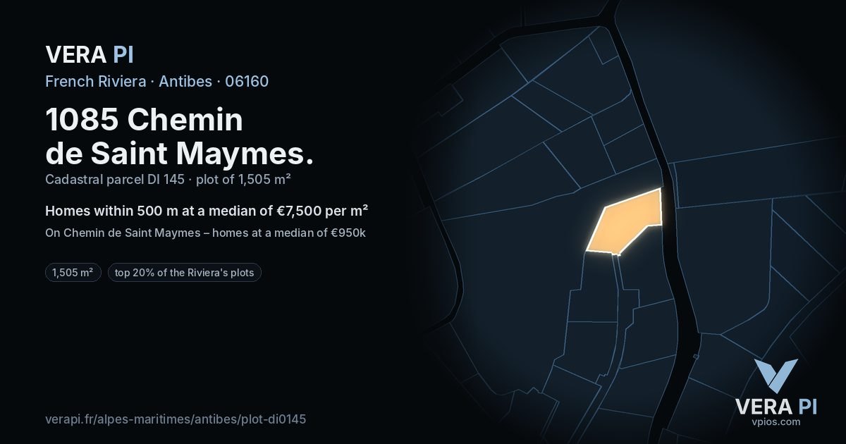 1085 Chemin de Saint Maymes, Antibes at night – the plot lit, the parcels around coloured by the prices near them