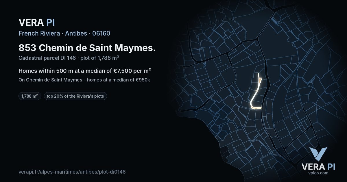853 Chemin de Saint Maymes, Antibes at night – the plot lit, the parcels around coloured by the prices near them
