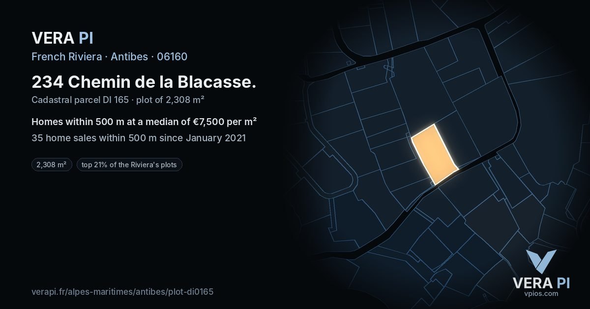 234 Chemin de la Blacasse, Antibes at night – the plot lit, the parcels around coloured by the prices near them