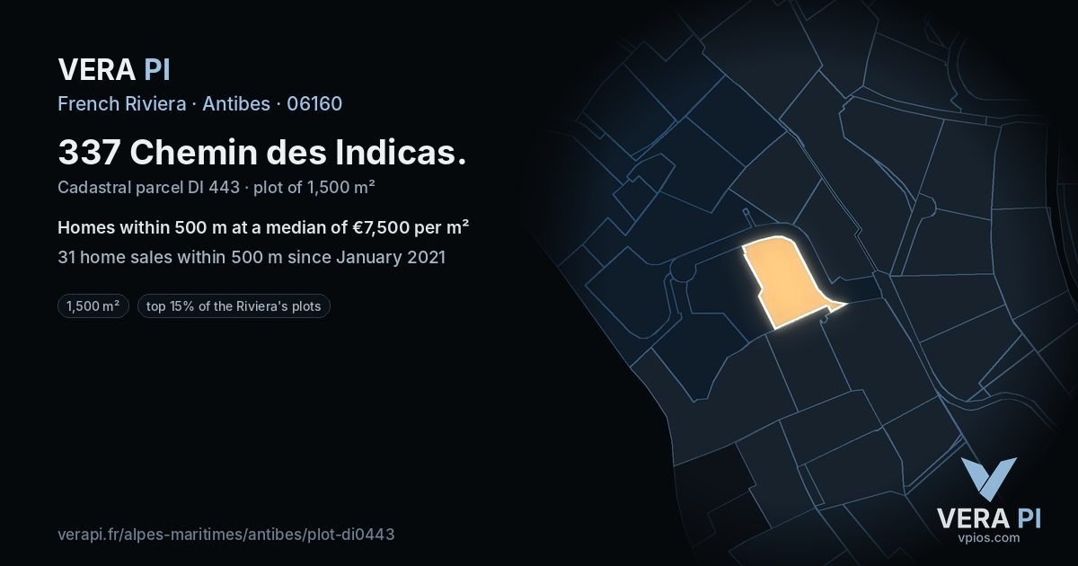 337 Chemin des Indicas, Antibes at night – the plot lit, the parcels around coloured by the prices near them