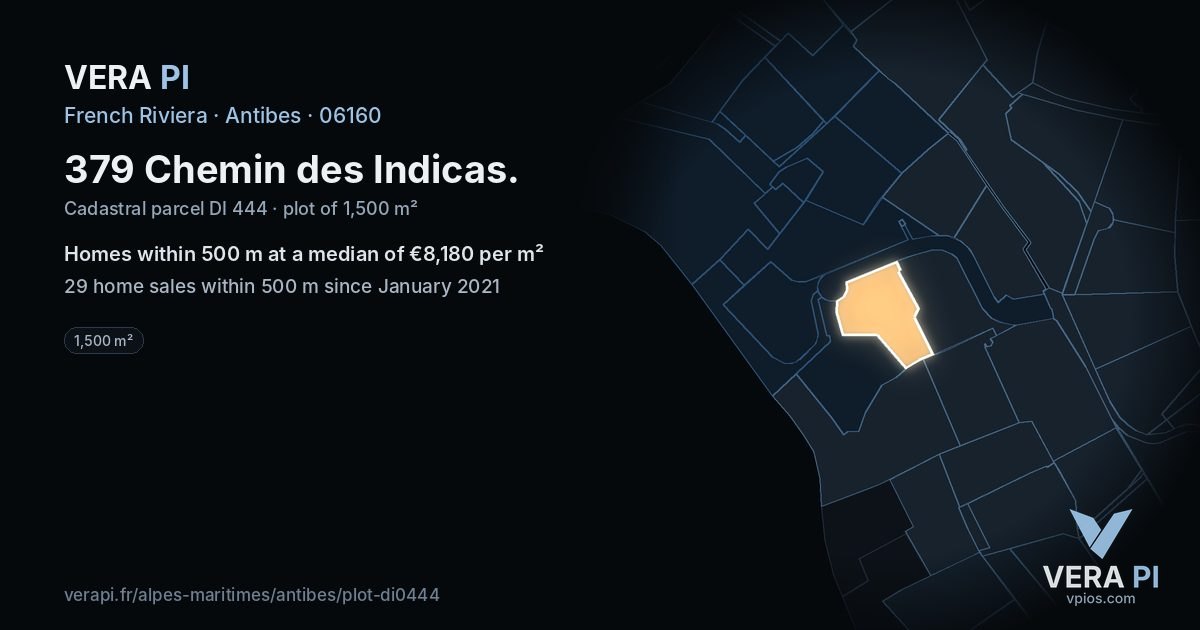 379 Chemin des Indicas, Antibes at night – the plot lit, the parcels around coloured by the prices near them