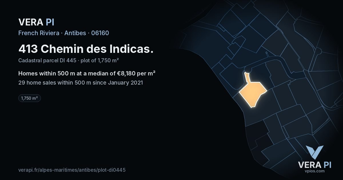 413 Chemin des Indicas, Antibes at night – the plot lit, the parcels around coloured by the prices near them