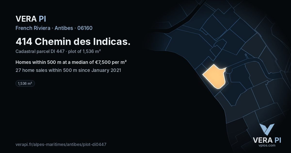 414 Chemin des Indicas, Antibes at night – the plot lit, the parcels around coloured by the prices near them