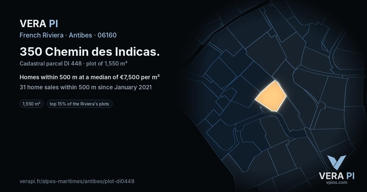 350 Chemin des Indicas, Antibes at night – the plot lit, the parcels around coloured by the prices near them