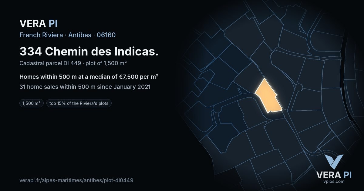 334 Chemin des Indicas, Antibes at night – the plot lit, the parcels around coloured by the prices near them