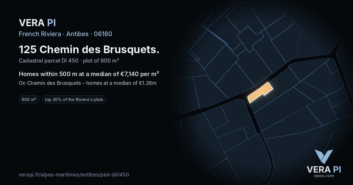 125 Chemin des Brusquets, Antibes at night – the plot lit, the parcels around coloured by the prices near them