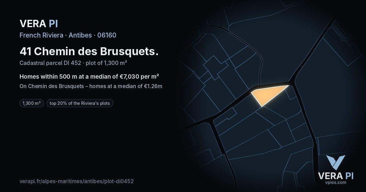 41 Chemin des Brusquets, Antibes at night – the plot lit, the parcels around coloured by the prices near them