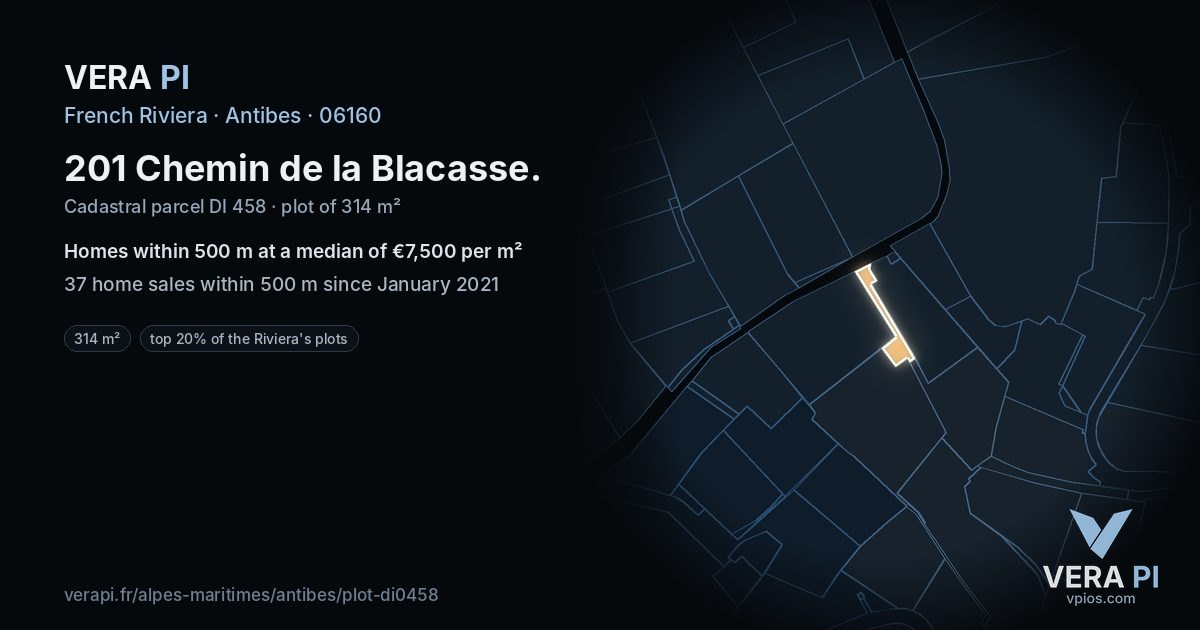 201 Chemin de la Blacasse, Antibes at night – the plot lit, the parcels around coloured by the prices near them