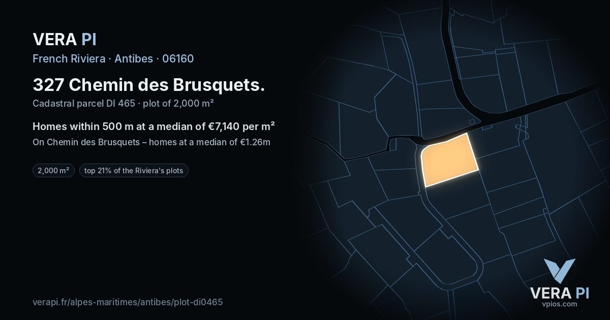 327 Chemin des Brusquets, Antibes at night – the plot lit, the parcels around coloured by the prices near them