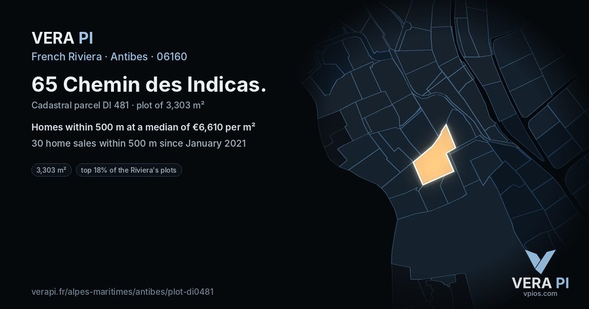 65 Chemin des Indicas, Antibes at night – the plot lit, the parcels around coloured by the prices near them