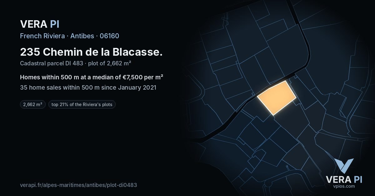 235 Chemin de la Blacasse, Antibes at night – the plot lit, the parcels around coloured by the prices near them
