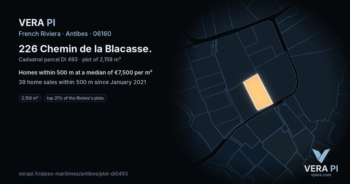 226 Chemin de la Blacasse, Antibes at night – the plot lit, the parcels around coloured by the prices near them