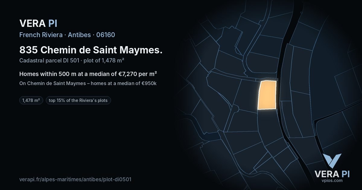 835 Chemin de Saint Maymes, Antibes at night – the plot lit, the parcels around coloured by the prices near them