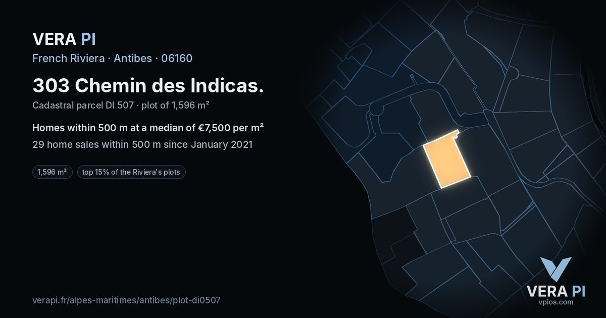 303 Chemin des Indicas, Antibes at night – the plot lit, the parcels around coloured by the prices near them