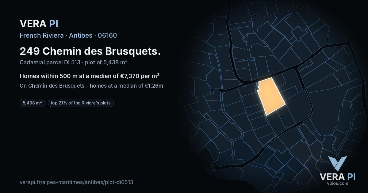249 Chemin des Brusquets, Antibes at night – the plot lit, the parcels around coloured by the prices near them