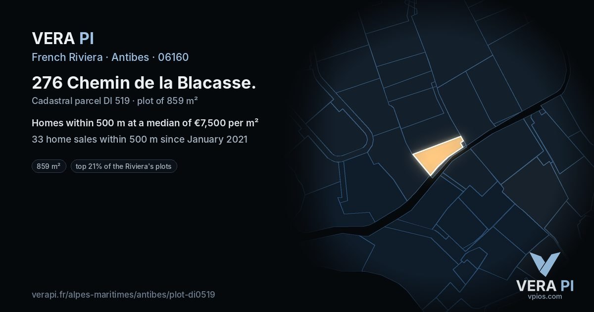 276 Chemin de la Blacasse, Antibes at night – the plot lit, the parcels around coloured by the prices near them