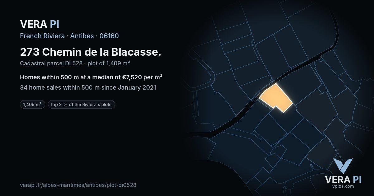 273 Chemin de la Blacasse, Antibes at night – the plot lit, the parcels around coloured by the prices near them
