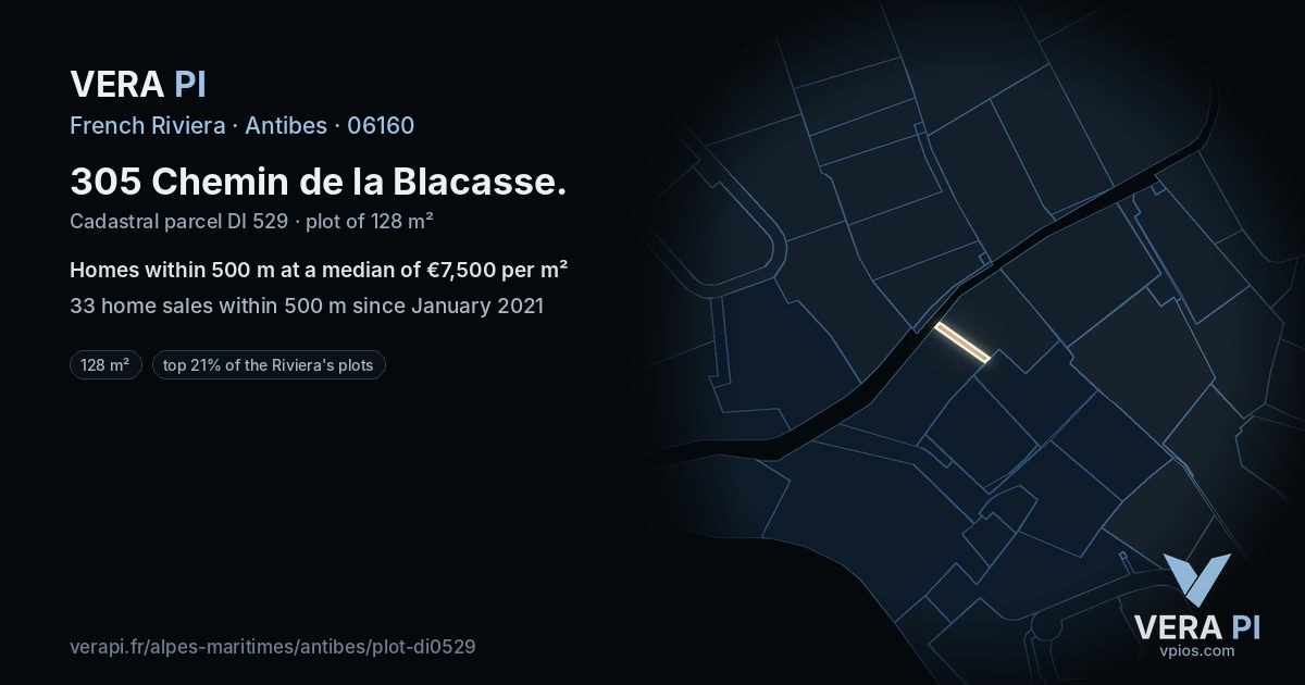 305 Chemin de la Blacasse, Antibes at night – the plot lit, the parcels around coloured by the prices near them