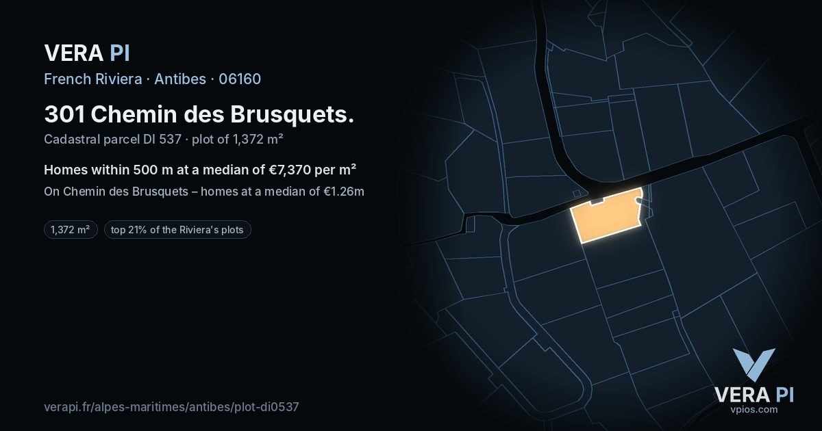 301 Chemin des Brusquets, Antibes at night – the plot lit, the parcels around coloured by the prices near them