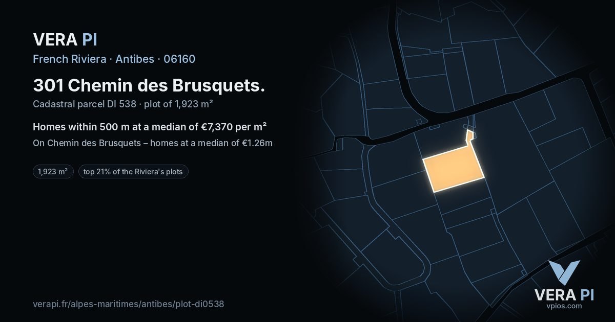 301 Chemin des Brusquets, Antibes at night – the plot lit, the parcels around coloured by the prices near them